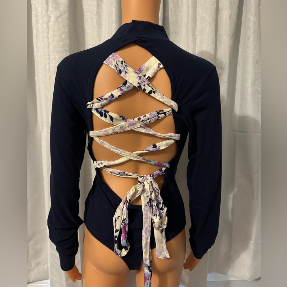 Free People Navy Long Sleeve Bodysuit with Floral Lace-Up Back